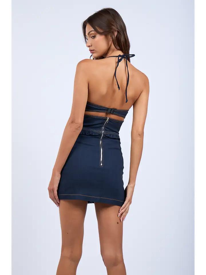 white christmas dresses Denim Zip-Front Mini Dress with Corset Waist Detail S