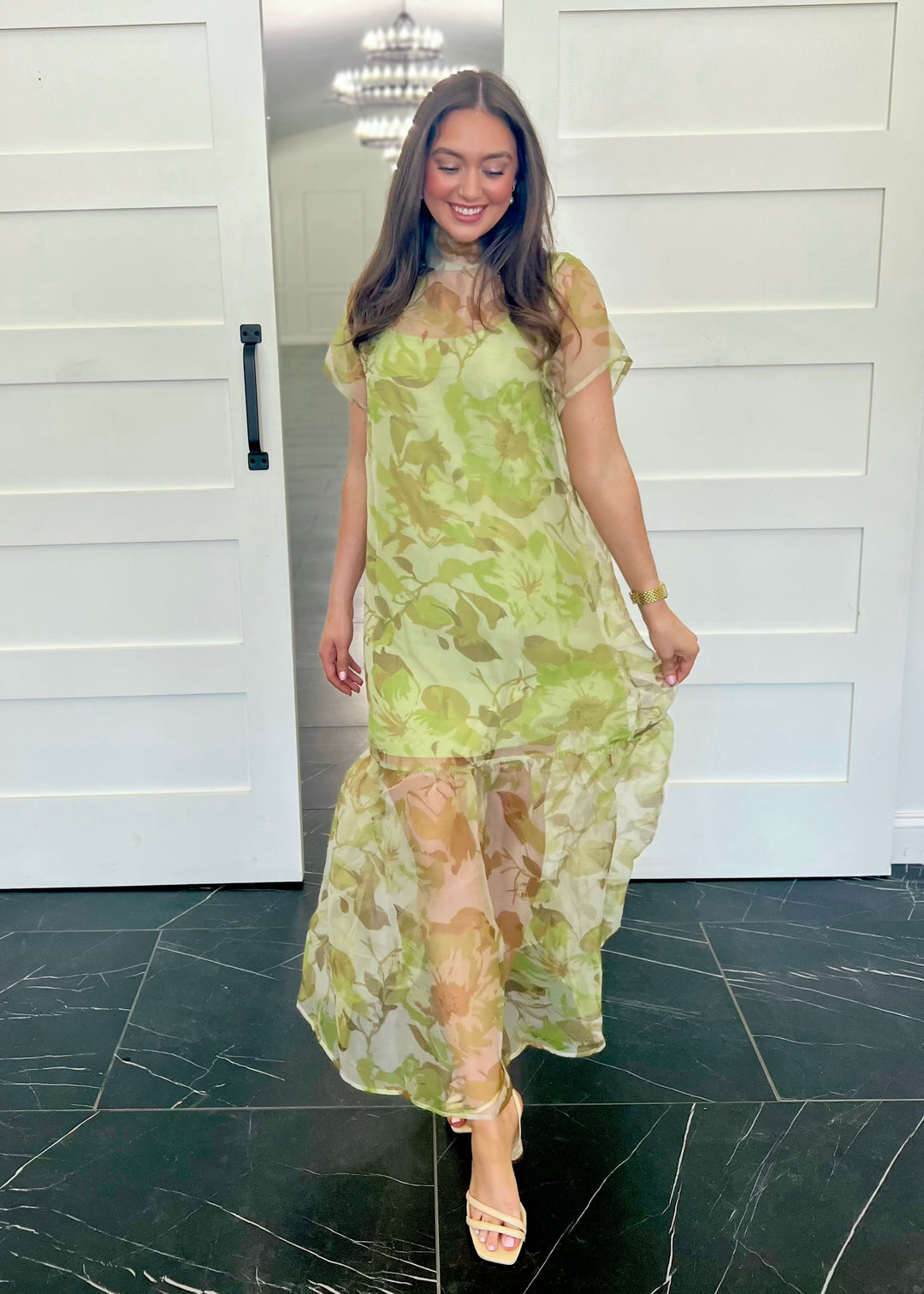 green floral organza dress ARRANGE organza applique floral high neck trapeze mini dress in light green